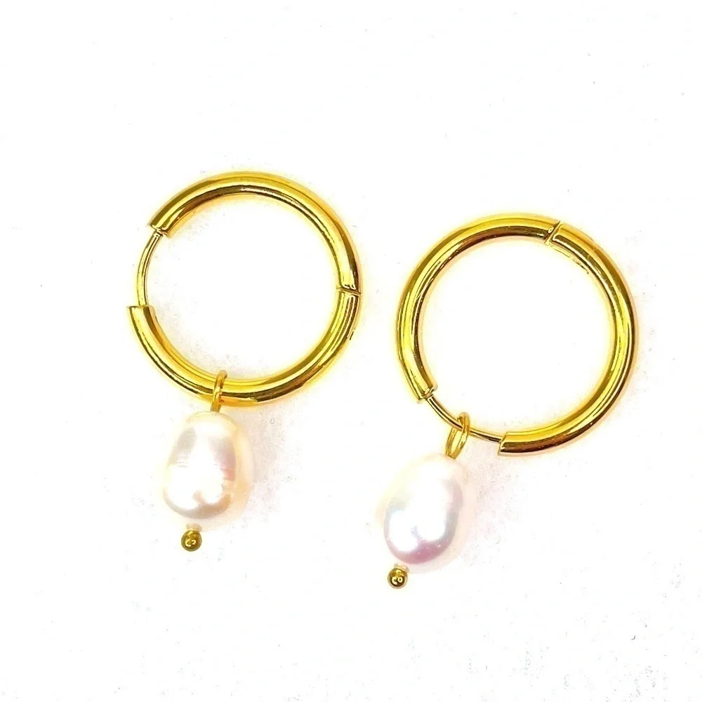 BRAND New 18K Gold Plated Steel Dangle Drop Hoop Pearl Earrings - Picture 1 of 3